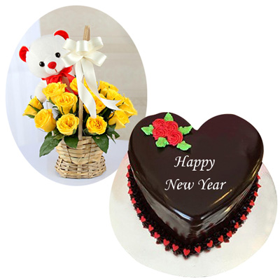 "Chocolate cake - 1kg ,15 Yellow roses flower basket - Click here to View more details about this Product